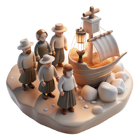 vibrant classic A group of pilgrims landing on Plymouth Rock, the scene illuminated by the soft, diffused light of a cloudy day. Realistic, historical style premium png