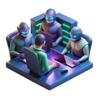 serene rustic A group of rebels hacking into a government mainframe, illuminated by the glow of computer screens, cyberpunk and action-packed, professional png