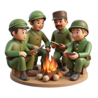 wonderful minimalist A group of soldiers huddled around a campfire, sharing stories and rations. Warm, intimate lighting, camaraderie style exclusive png