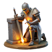 serene modern A grizzled, battle-hardened knight kneeling before a stone altar, clutching a broken sword, lit by a dramatic, chiaroscuro light, in a Rembrandt style exclusive png