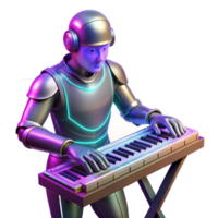 serene classic A robotic musician playing a futuristic synthesizer, surrounded by pulsating, neon lights. Synthwave style genuine png