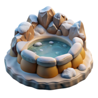 impressive traditional A bubbling hot spring surrounded by snow-covered rocks, contrasting warm and cool tones, photorealistic rendering high resolution png