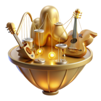 vibrant contemporary A floating island composed of musical instruments, connected by shimmering strings of light, bathed in soft golden light, Art Deco style original png