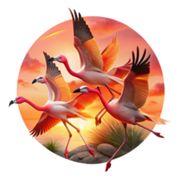 dramatic minimalist A flock of flamingos taking flight against a fiery sunset, captured in a painterly style with bold brushstrokes high resolution png