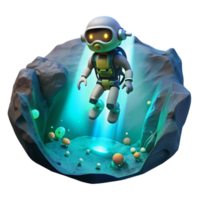 vibrant artistic A robotic explorer descending into a deep ocean trench, illuminated by the faint glow of bioluminescent creatures. Underwater photography style detailed png