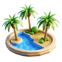 vibrant creative A desert oasis with palm trees and a clear blue pool, vibrant and refreshing, photorealistic style detailed png