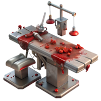 wonderful rustic A blood-soaked operating table with rusty surgical instruments scattered around. Harsh fluorescent lighting. Medical horror, splatterpunk style authentic png