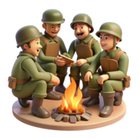 impressive modern A group of soldiers huddled around a campfire, sharing stories and rations. Warm, intimate lighting, camaraderie style high quality png