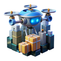 stunning artistic A robotic delivery drone carrying a package through a bustling cityscape, illuminated by the city lights. Drone photography style exclusive png