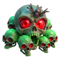 dramatic traditional A swarm of skeletal insects with glowing red eyes devouring a human skull. Dim, eerie green lighting. Macabre, surreal style high resolution png