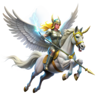 dramatic minimalist A stoic Norse Valkyrie riding a winged horse through a storm, clad in gleaming armor, brandishing a glowing spear. Realistic style, dynamic lighting authentic png
