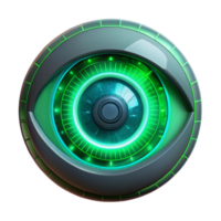 dramatic vintage A human eye overlaid with a digital HUD interface, glowing with a vibrant green light, rendered in a sci-fi, cinematic style high quality png