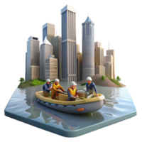 vibrant contemporary A group of survivors sailing on a makeshift raft down a flooded river, past submerged skyscrapers. Dreary, overcast lighting, survivalist theme detailed png