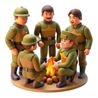 magnífico rústico un grupo de soldados acurrucado alrededor un hoguera, compartiendo cuentos y raciones. cálido, íntimo Encendiendo, camaradería estilo genuino png