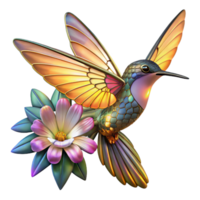 vibrant minimalist A giant hummingbird with wings made of stained glass, hovering over a field of luminous flowers, lit by the warm glow of sunrise, Art Nouveau style authentic png