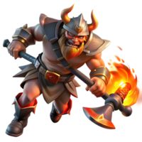 serene minimalist A fierce warrior wielding a battle-axe, charging into battle, illuminated by the harsh light of a burning village, in a dark fantasy style detailed png