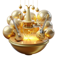 dramatic abstract A floating island composed of musical instruments, connected by shimmering strings of light, bathed in soft golden light, Art Deco style premium png