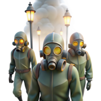 vibrant vintage A group of people wearing gas masks walking through a toxic fog, illuminated by streetlights casting an eerie glow, dystopian and unsettling, detailed png