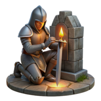 serene modern A grizzled, battle-hardened knight kneeling before a stone altar, clutching a broken sword, lit by a dramatic, chiaroscuro light, in a Rembrandt style authentic png