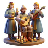 magnificent artistic A group of medieval musicians playing lutes, harps, and flutes in a royal court, illuminated by warm candlelight, in a Renaissance painting style authentic png