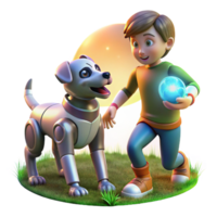 serene creative A robotic dog playing fetch with a child in a sun-drenched park, lens flare adding a warm glow. Lifestyle photography style professional png