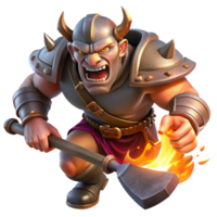 vibrant classic A fierce warrior wielding a battle-axe, charging into battle, illuminated by the harsh light of a burning village, in a dark fantasy style professional png