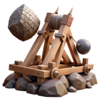 serene traditional A medieval siege engine hurls a massive boulder at a castle wall. Dramatic action scene, historical fantasy style original png