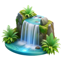 extraordinary artistic A cascading waterfall plunging into a crystal-clear pool, surrounded by lush green ferns, illuminated by bright, diffused daylight. Photorealistic style detailed png