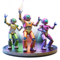 extraordinary classic A group of robot dancers performing a synchronized routine under vibrant, multi-colored stage lights. Abstract art style premium png