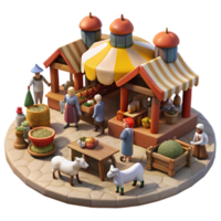 vibrant rustic A bustling medieval marketplace filled with merchants, peasants, and livestock, under a bright, midday sun, in the style of a Flemish tapestry high resolution png