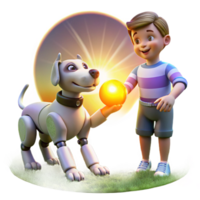 magnificent abstract A robotic dog playing fetch with a child in a sun-drenched park, lens flare adding a warm glow. Lifestyle photography style 4K png