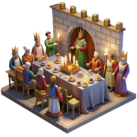 serene vintage A medieval feast in a grand hall, with nobles and servants, laden tables, and musicians, illuminated by flickering torchlight, in a Renaissance painting style detailed png