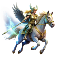 magnificent rustic A stoic Norse Valkyrie riding a winged horse through a storm, clad in gleaming armor, brandishing a glowing spear. Realistic style, dynamic lighting premium png