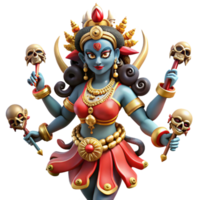 elegant classic A fierce Hindu goddess Kali, with multiple arms wielding weapons, adorned with skulls, dancing on a prostrate demon. Vibrant, intricate style exclusive png