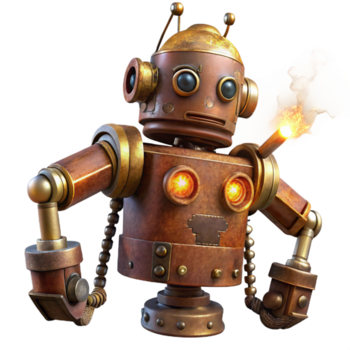 vibrerande klassisk en rostig, steampunk robot med lysande bärnsten ögon rörelse en komplex spak-och-remskiva systemet i en vagt belyst verkstad, gnistor flygande från utsatt ledningar. hyperrealistisk stil detaljerad png