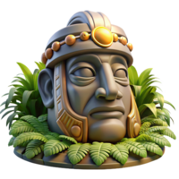 elegant rustic A colossal Olmec head statue, intricately carved, partially buried in jungle foliage, golden hour lighting, photorealistic style, professional png
