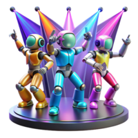 elegant classic A group of robot dancers performing a synchronized routine under vibrant, multi-colored stage lights. Abstract art style premium png