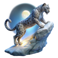 serene modern A majestic snow leopard leaping across a chasm, illuminated by a single ray of moonlight, painted in the style of Frank Frazetta genuine png