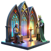 serene abstract A medieval knight kneeling before a king in a grand, gothic hall, lit by flickering candlelight and colorful stained-glass windows. Dramatic, painterly style high resolution png