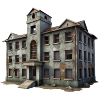 magnificent artistic A decrepit, abandoned asylum with broken windows and peeling paint. Overcast daylight, desaturated colors. Psychological horror, urban decay style 4K png