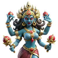 beautiful modern A fierce Hindu goddess Kali, with multiple arms wielding weapons, adorned with skulls, dancing on a prostrate demon. Vibrant, intricate style original png
