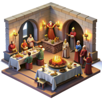 stunning artistic A medieval feast in a grand hall, with nobles and servants, laden tables, and musicians, illuminated by flickering torchlight, in a Renaissance painting style high quality png