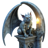 serene rustic A lone, weathered gargoyle perched atop a crumbling gothic arch, lit by a single, ethereal moonbeam, in the style of a dark fantasy etching detailed png