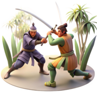 extraordinary creative A group of samurai engaged in a fierce sword fight amidst a bamboo forest, illuminated by dappled sunlight filtering through the leaves. Dynamic, ukiyo-e style high quality png
