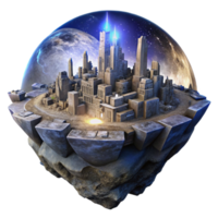 vibrant traditional A crumbling, ancient alien city floating in the void, illuminated by the spectral light of a nearby supernova. Dark fantasy, detailed architecture premium png