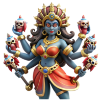 serene classic A fierce Hindu goddess Kali, with multiple arms wielding weapons, adorned with skulls, dancing on a prostrate demon. Vibrant, intricate style detailed png