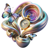 beautiful abstract A swirling vortex of clocks and pocket watches, melting into a cascade of iridescent butterflies, illuminated by crepuscular rays, Surrealist style professional png