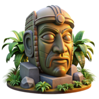 wonderful creative A colossal Olmec head statue, intricately carved, partially buried in jungle foliage, golden hour lighting, photorealistic style, high resolution png