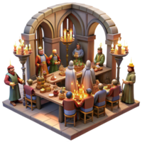 wonderful modern A medieval feast in a grand hall, with nobles and servants, laden tables, and musicians, illuminated by flickering torchlight, in a Renaissance painting style detailed png