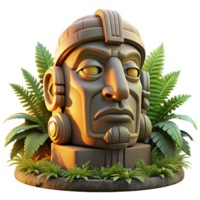 beautiful abstract A colossal Olmec head statue, intricately carved, partially buried in jungle foliage, golden hour lighting, photorealistic style, premium png